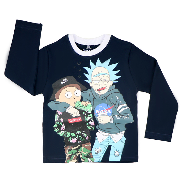 topkids rik&morty navy 1 تیشرت پسرانه آستین بلند تاپ کیدز طرح ریک اند مورتی سرمه ای