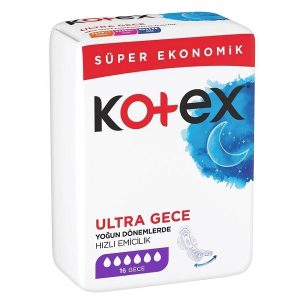 نوار بهداشتی ترک بالدار Kotex قدرت جذب بالا مخصوص شب 16 عددی